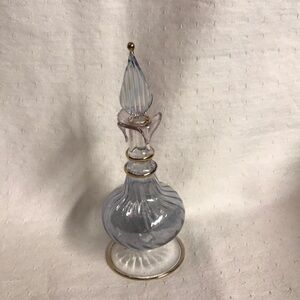 Beautiful Blue Swirl Glass Perfume Bottle with Gold Trim. Has the long Dauber.
